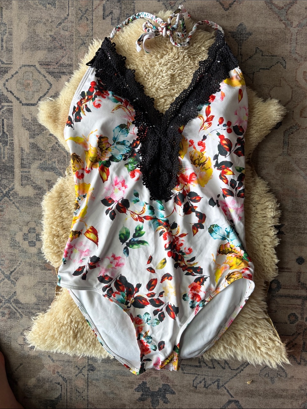 Cupshe White Floral Halter one piece swimsuit with Black Lace Trim